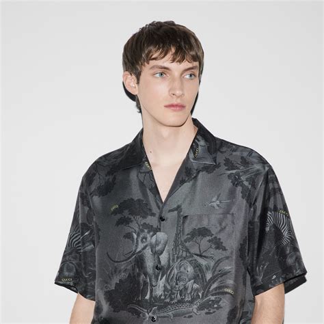 Gucci flora and fauna print silk shirt in grey 